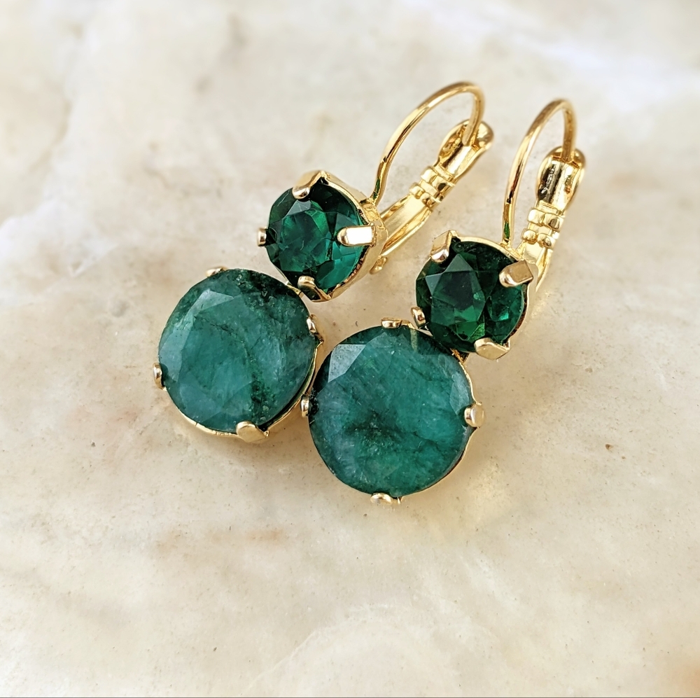16 Carats Green Emerald  In 2 Settings In  18k Gold Plated Earrings